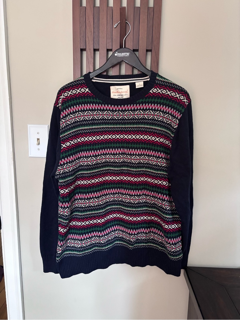 Weatherproof Navy Fair Isle Crewneck Sweater with Red and Green Accents
